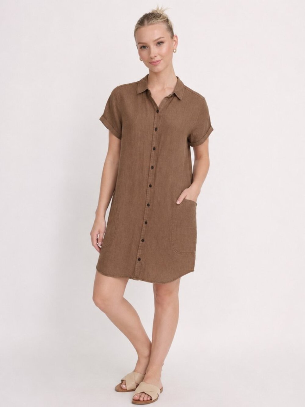 Lucky Brand Linen Lyocell Shirtdress Womens Small Brown Short Sleeve Button Down